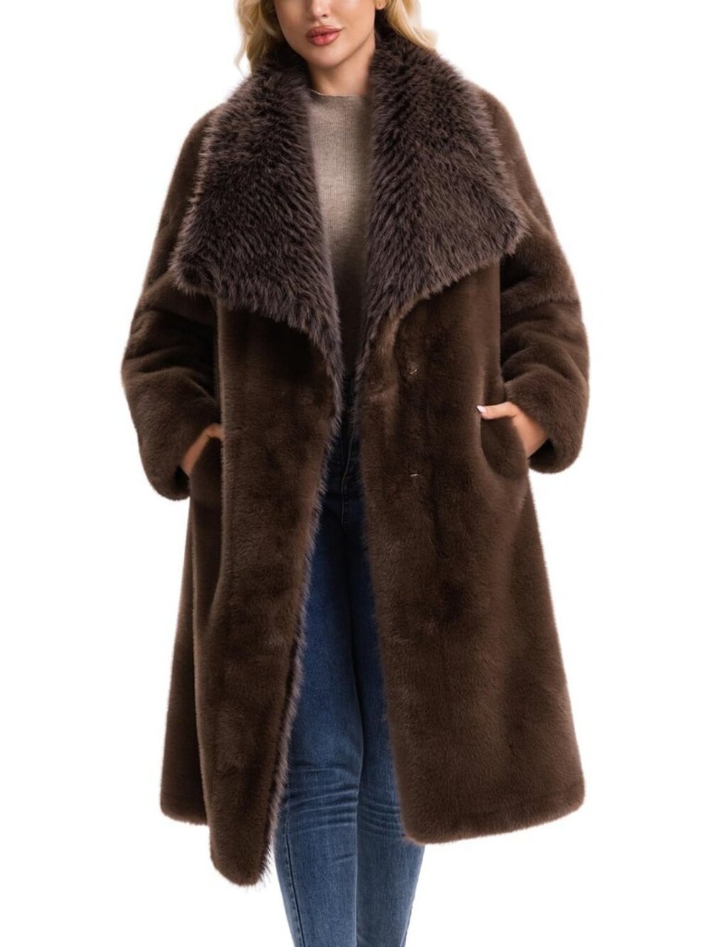 Cozy Women's Long Faux Fur Coat with Lapel, Fluffy Jacket for Winter Style